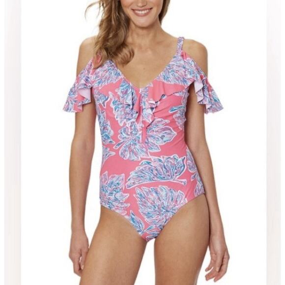 Marilyn Monroe Pinky Palms Off Shoulder Ruffles Swimsuit Large NWT - Picture 1 of 6